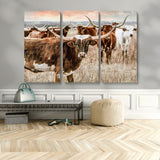 47758300-MGV-CV-48X32-3P-Texas Longhorn Cattle Wall Art – Rustic Western Herd Canvas Print, Cowboy Ranch Farmhouse Decor for Living Room, Office, or