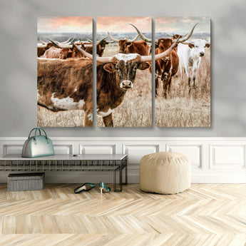 47758300-MGV-CV-48X32-3P-Texas Longhorn Cattle Wall Art – Rustic Western Herd Canvas Print, Cowboy Ranch Farmhouse Decor for Living Room, Office, or