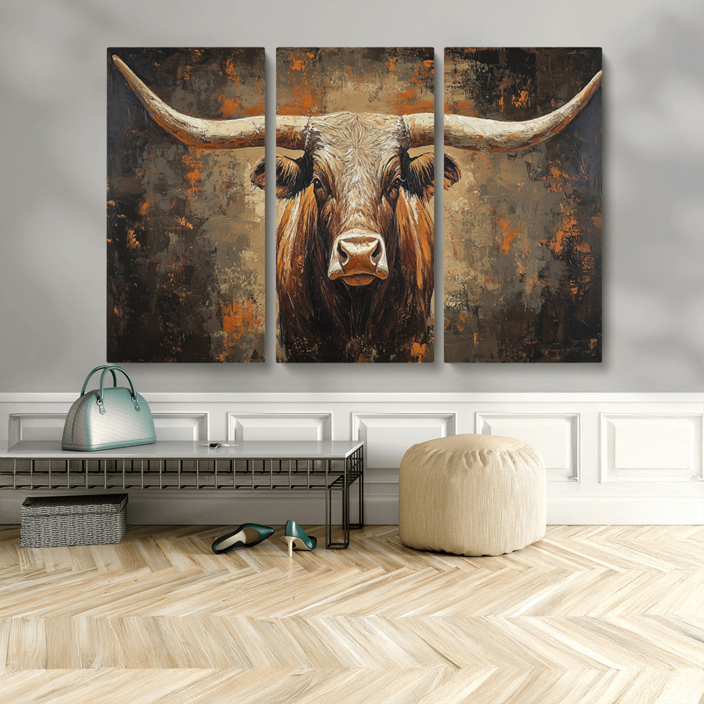19204445-MGV-CV-48X32-3P-Texas Longhorn Bull Wall Art – Rustic Western Canvas Print, Bold Cowboy Cattle Painting for Ranch House, Farmhouse, Office, or
