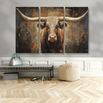 19204445-MGV-CV-48X32-3P-Texas Longhorn Bull Wall Art – Rustic Western Canvas Print, Bold Cowboy Cattle Painting for Ranch House, Farmhouse, Office, or