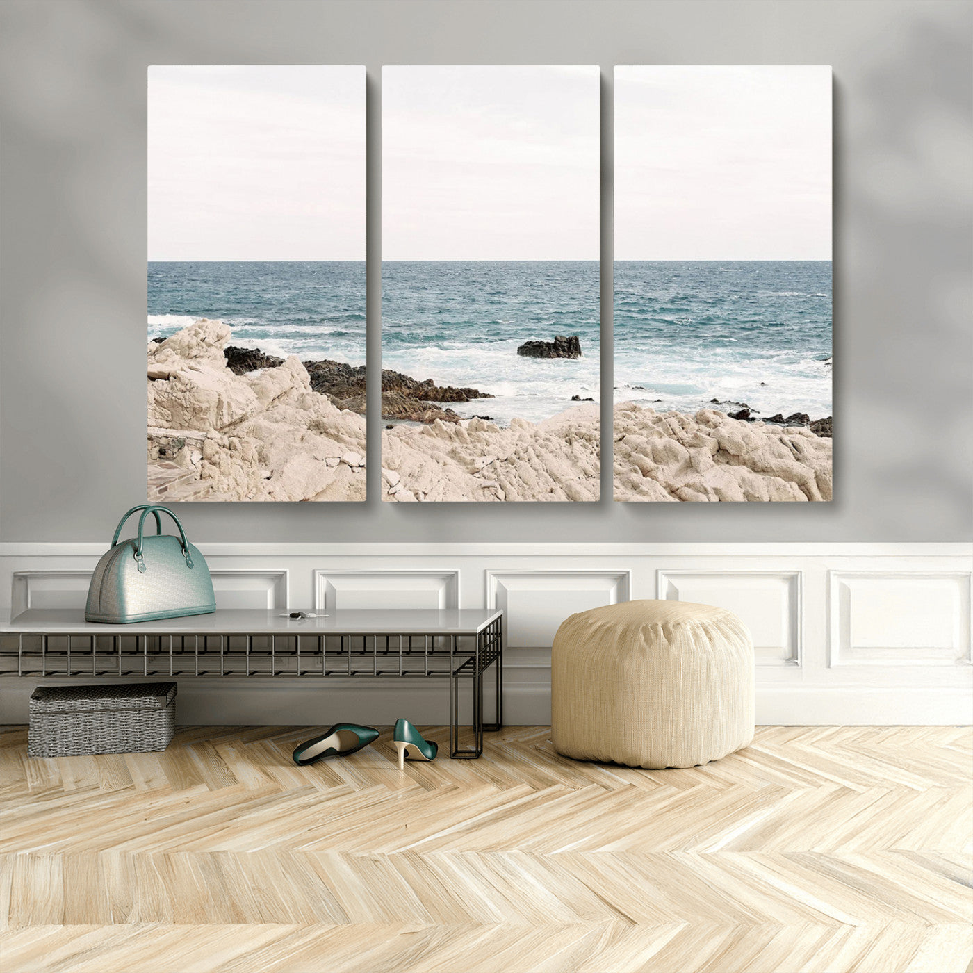 25481980-MGV-CV-48X32-3P-Ocean Coastal Wall Art – Rocky Shoreline and Waves Canvas Print, Serene Beach Landscape Decor for Living Room, Bedroom, or Office