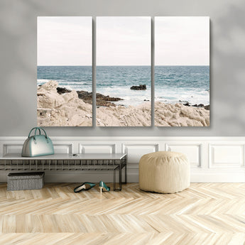25481980-MGV-CV-48X32-3P-Ocean Coastal Wall Art – Rocky Shoreline and Waves Canvas Print, Serene Beach Landscape Decor for Living Room, Bedroom, or Office