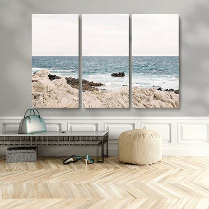 25481980-MGV-CV-48X32-3P-Ocean Coastal Wall Art – Rocky Shoreline and Waves Canvas Print, Serene Beach Landscape Decor for Living Room, Bedroom, or Office