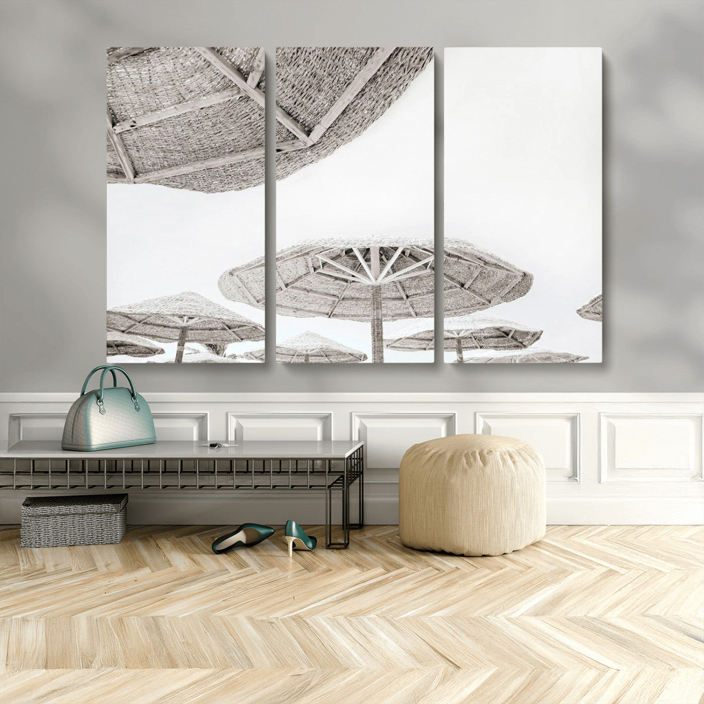 97043123-MGV-CV-48X32-3P-Beach Umbrella Wall Art – Minimalist Coastal Canvas Print, Woven Parasol Summer Decor for Bedroom, Living Room, or Modern Beach