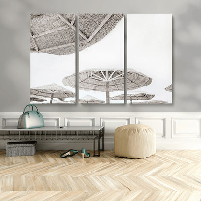 97043123-MGV-CV-48X32-3P-Beach Umbrella Wall Art – Minimalist Coastal Canvas Print, Woven Parasol Summer Decor for Bedroom, Living Room, or Modern Beach