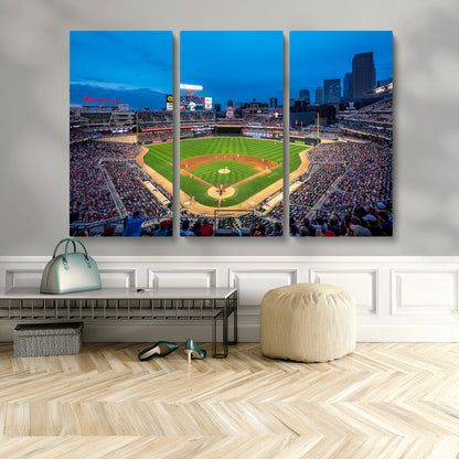 77273035-MGV-CV-48X32-3P-Baseball Stadium Wall Art – Panoramic Evening Game Canvas Print, Sports Fan Decor for Man Cave, Office, Bar, or Living Room