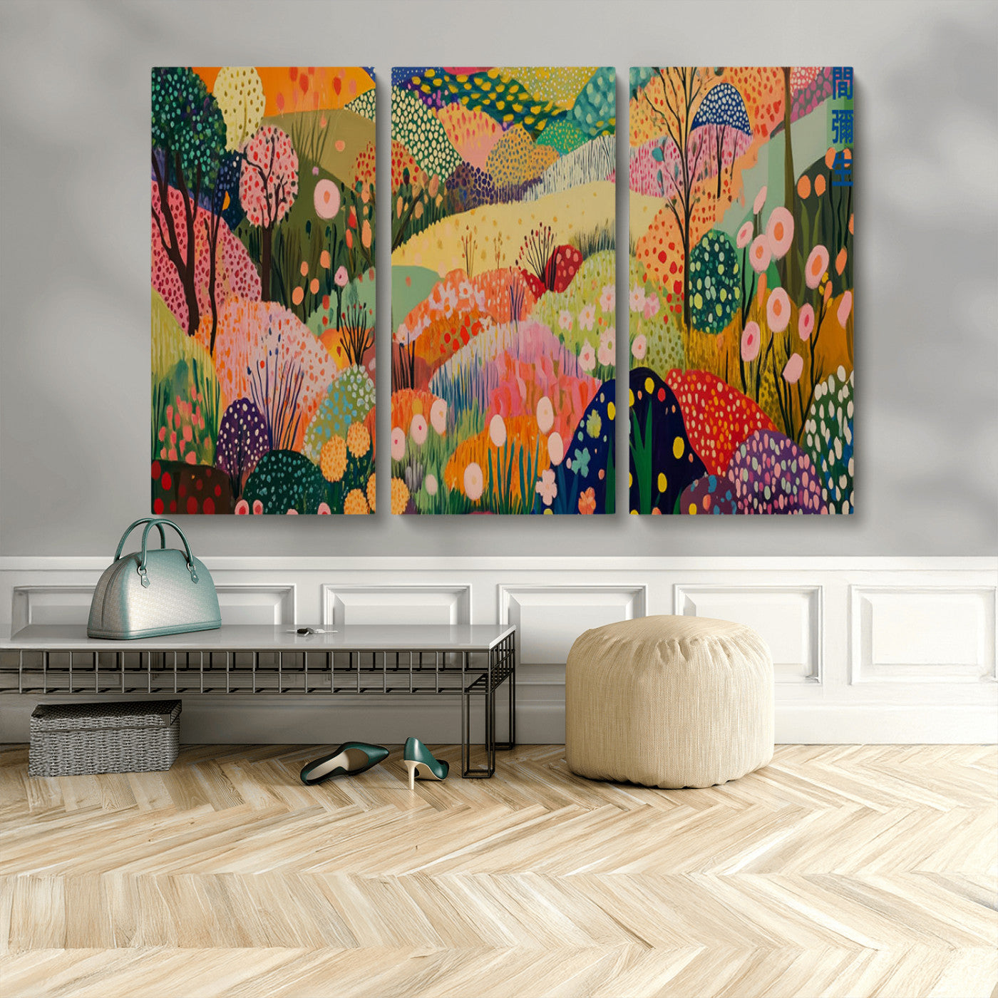 79636380-MGV-CV-48X32-3P-Colorful Abstract Landscape Wall Art – Vibrant Hills and Flowers Canvas Print, Modern Whimsical Artwork for Living Room, Bedroom,