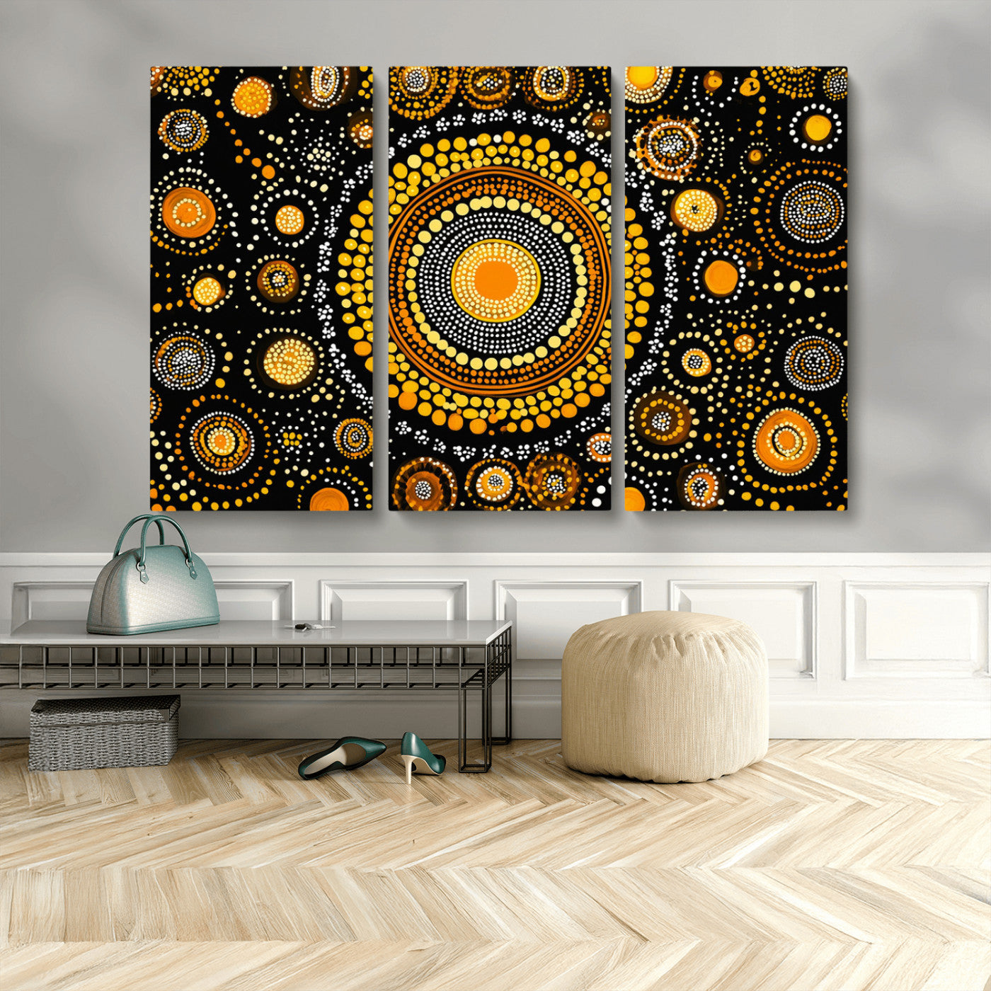 45478523-MGV-CV-36X24-Abstract Circle Wall Art – Bold Black and Gold Dot Painting Canvas Print, Modern Geometric Mandala Style Decor for Living Room or