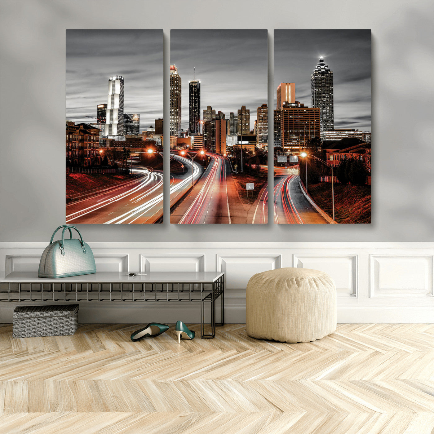 59097239-MGV-CV-36X24-City Skyline Wall Art – Modern Black and White Night Canvas Print with Red Light Trails, Urban Landscape Decor for Living Room or