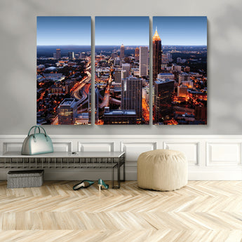 81886632-MGV-CV-48X32-3P-Atlanta Skyline Wall Art – Vibrant City Lights Canvas Print, Modern Urban Cityscape Decor for Living Room, Office, or Apartment