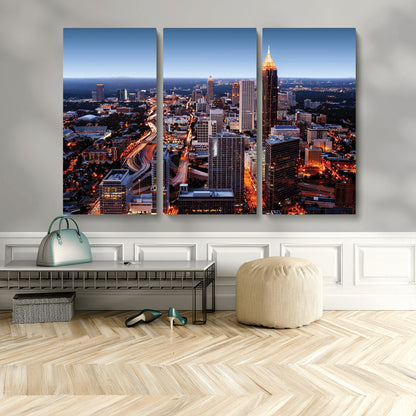 81886632-MGV-CV-48X32-3P-Atlanta Skyline Wall Art – Vibrant City Lights Canvas Print, Modern Urban Cityscape Decor for Living Room, Office, or Apartment