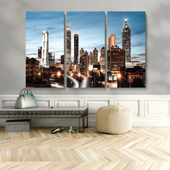 23859158-MGV-CV-48X32-3P-Atlanta Skyline Wall Art – Modern Cityscape Canvas Print with Night Lights and Traffic Trails, Urban Decor for Office, Apartment,