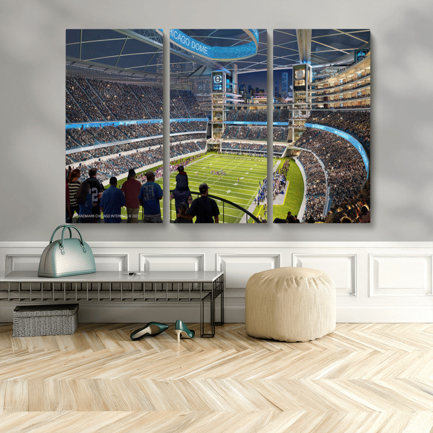 41816511-MGV-CV-48X32-3P-Chicago Dome Stadium Wall Art – Futuristic Football Arena Canvas Print, Modern Sports Fan Decor for Man Cave, Office, Bar, or
