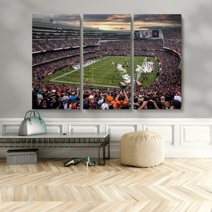 87578930-MGV-CV-48X32-3P-Soldier Field Wall Art – Chicago Bears Football Stadium Sunset Canvas Print, Game Day Sports Decor for Man Cave, Bar, Office, or