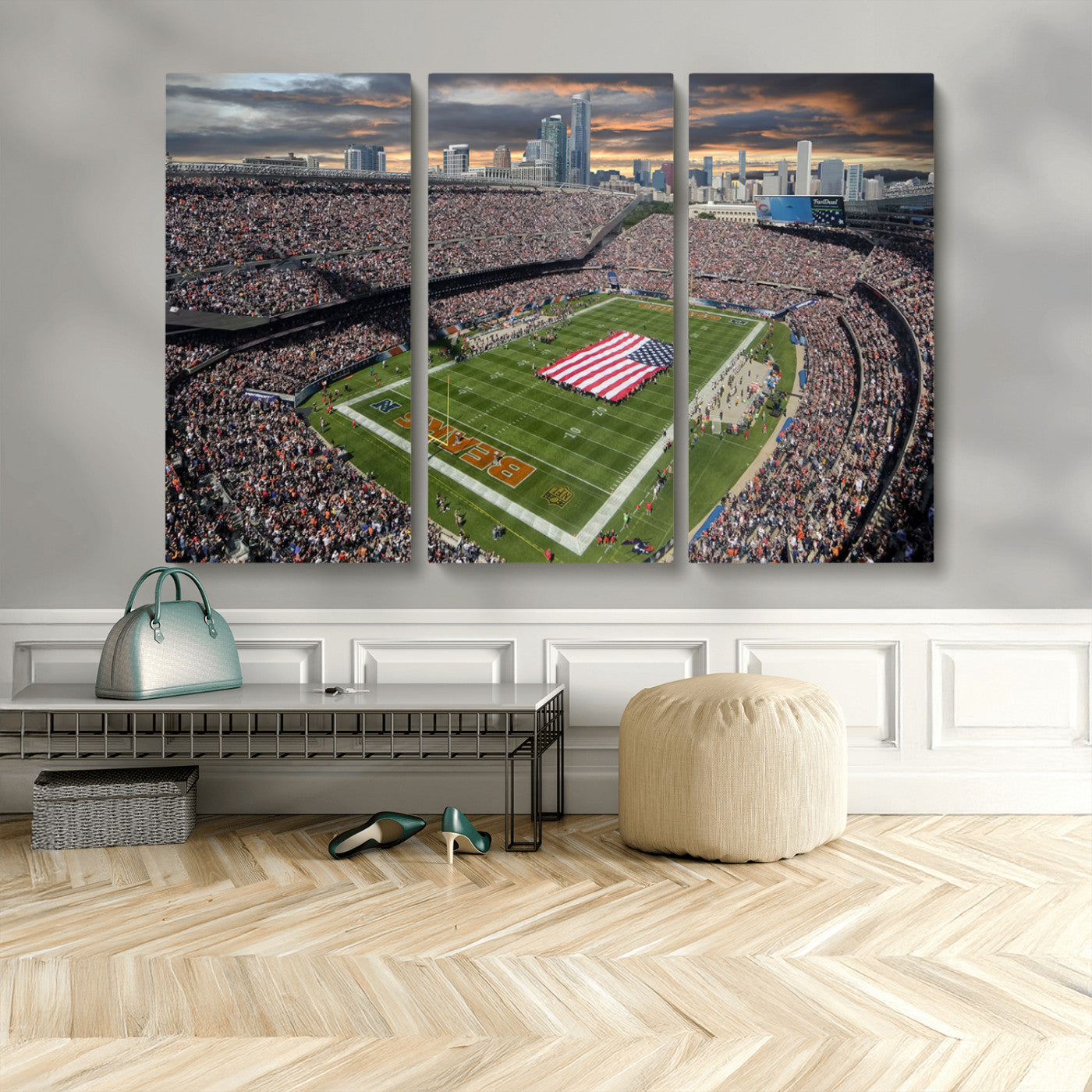 98106777-MGV-CV-36X24-Soldier Field Wall Art – Chicago Bears Stadium Canvas Print with American Flag, Game Day Football Decor for Man Cave, Bar, or