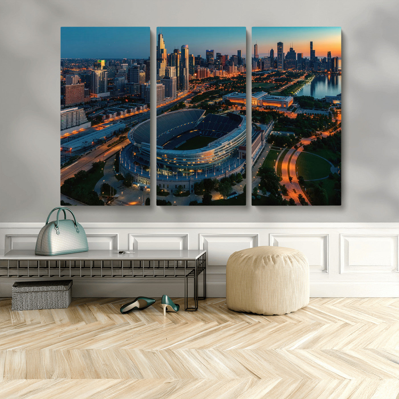 36690345-MGV-CV-48X32-3P-Soldier Field Wall Art – Chicago Bears Stadium Aerial Night Canvas Print, City Skyline Football Decor for Living Room, Office, or