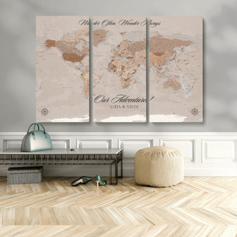 95243244-MGV-CV-36X24-Wander Often Wonder Always World Map Wall Art – Neutral Beige Adventure Canvas Print, Rustic Boho Travel Decor for Bedroom, Living