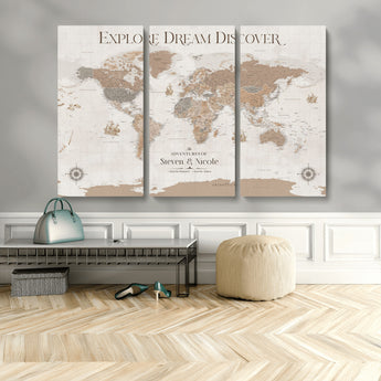 63516865-MGV-CV-48X32-3P-Explore Dream Discover World Map Wall Art – Inspirational Travel Adventure Canvas Print, Neutral Parchment Style Explorer Decor