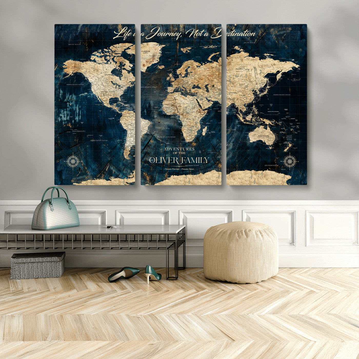 36970886-MGV-CV-48X32-3P-Life is a Journey Not a Destination World Map Rustic Navy Beige Vintage Travel Wall Art Adventure Quote Canvas Print for Home