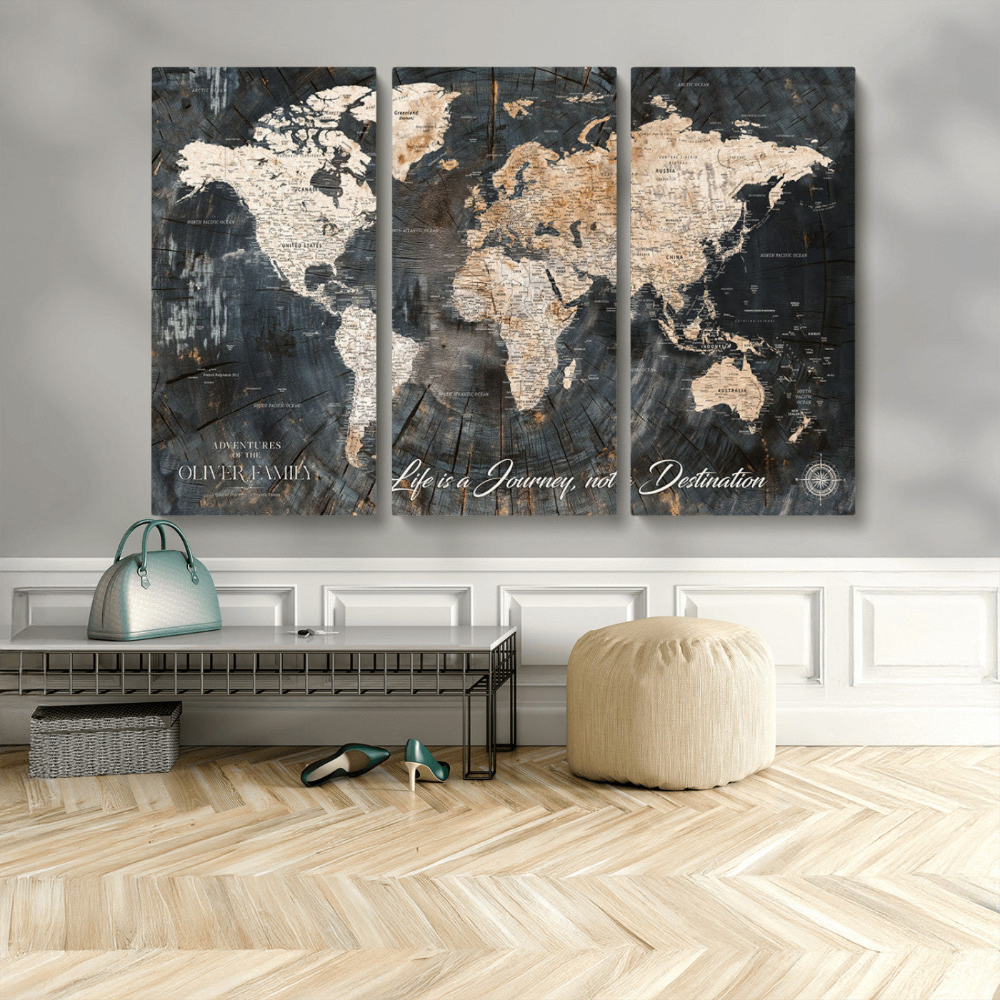 37848568-MGV-CV-48X32-3P-Life is a Journey Not a Destination World Map Rustic Wood Texture Vintage Beige Navy Adventure Wall Art Canvas Print for Home