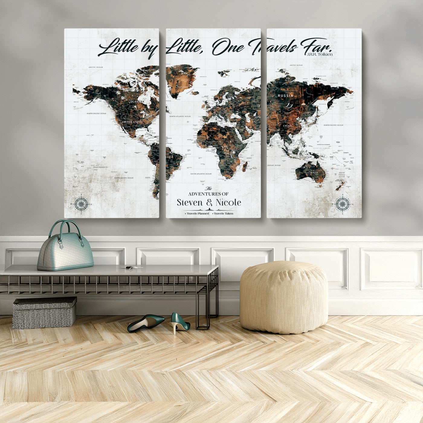 88337180-MGV-CV-48X32-3P-Little by Little One Travels Far Tolkien Quote World Map Rustic Black Brown Adventure Wall Art Canvas Print for Home Office Living