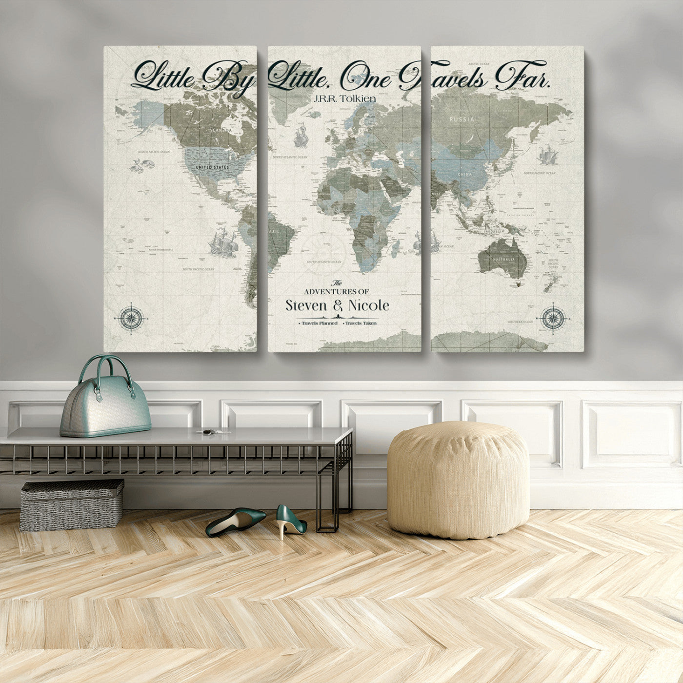 10693204-MGV-CV-36X24-Little By Little One Travels Far Tolkien Quote Blue Green World Map Adventure Wall Art Canvas Print Rustic Wanderlust Travel Decor