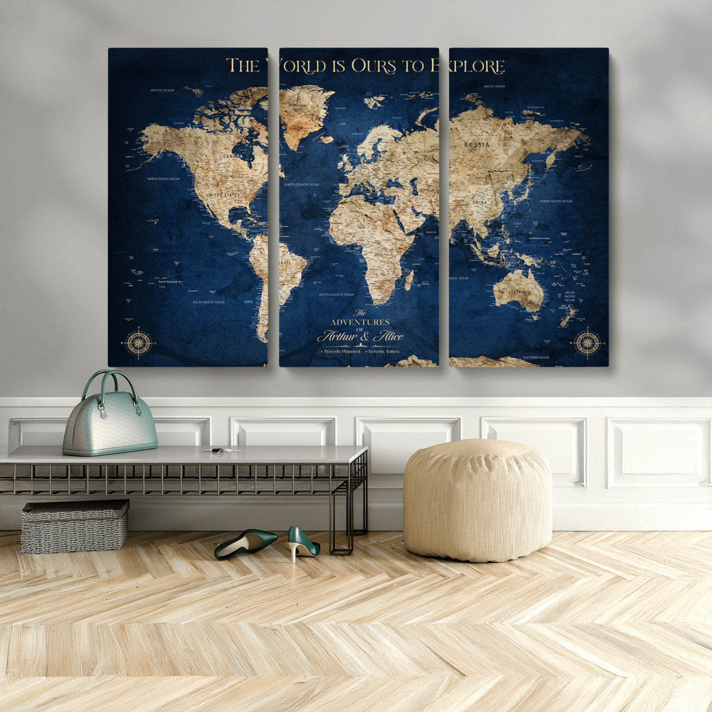 54782997-MGV-CV-48X32-3P-The World is Ours to Explore Wall Art – Blue World Map Canvas Print, Adventure Travel Decor for Home, Office or Living Room,
