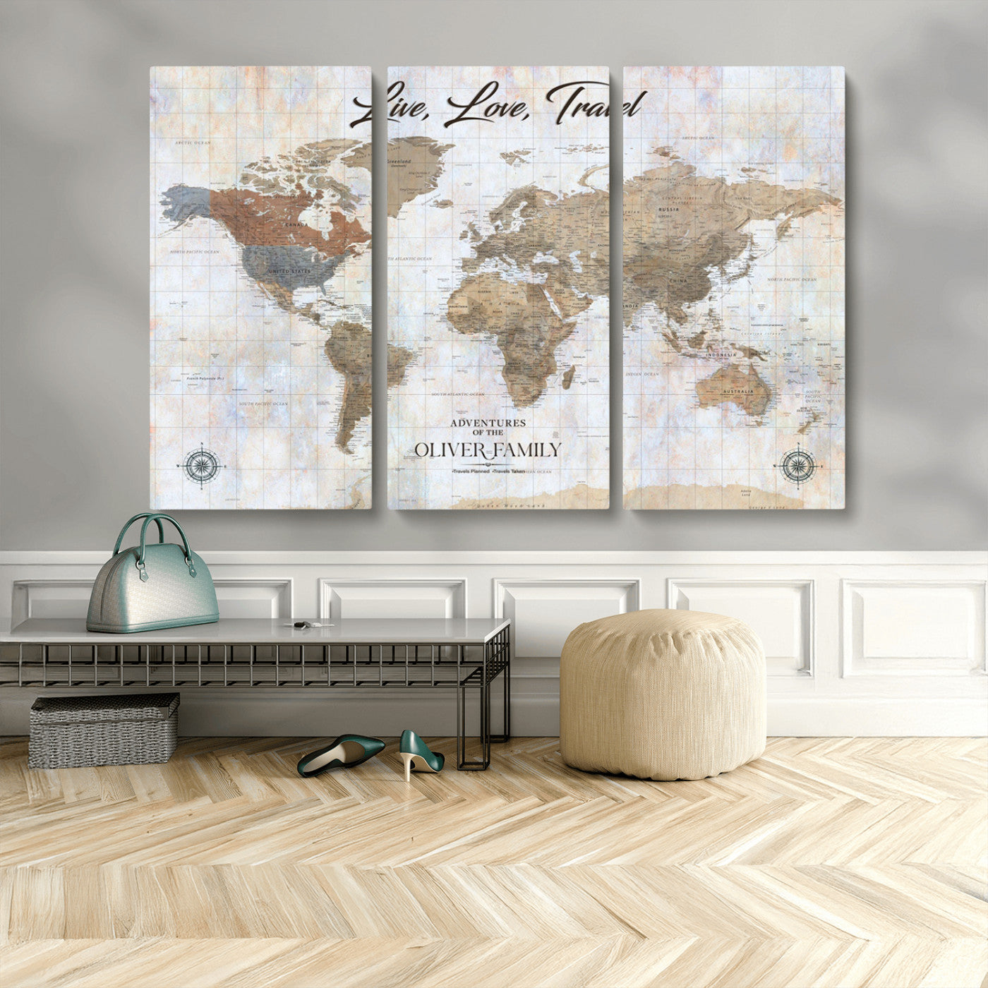 43924907-MGV-CV-48X32-3P-Live Love Travel Wall Art – Neutral World Map Canvas Print, Rustic Adventure Decor for Home, Office or Living Room, Unique Gift