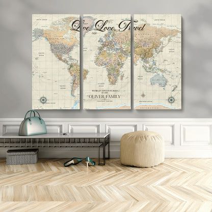 19479008-MGV-CV-48X32-3P-Live Love Travel Wall Art – Detailed World Map Canvas Print, Adventure Decor for Living Room, Office or Bedroom, Travel Gift for
