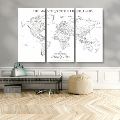 21029247-MGV-CV-48X32-3P-Minimalist World Map Wall Art – Black and White Travel Adventure Print, Modern Family Travel Map Decor for Living Room, Bedroom,