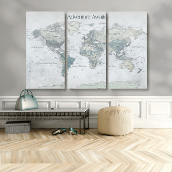 TEST111-MGV-CV-48X32-3P-Personalized Adventure Awaits Push Pin World Map – Custom Framed Travel Tracker Canvas Wall Art for Home, Office