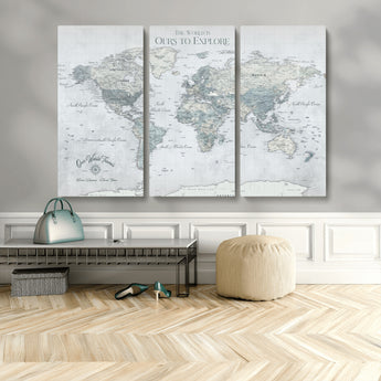 94249974-MGV-CV-48X32-3P-Ours Explore World Map Wall Art – Modern Travel Canvas Print, Neutral Adventure Decor for Living Room, Office, Study, Bedroom,