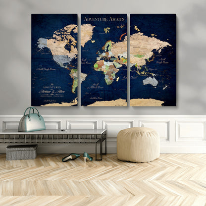 43160428-MGV-CV-48X32-3P-Adventure Awaits Navy Blue World Map – Vibrant Travel Canvas Wall Art, Antique Atlas Print, Wanderlust Decor for Home Office