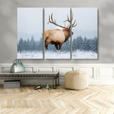 85177251-MGV-CV-48X32-3P-Elk Wall Art – Majestic Wildlife Canvas Print of Bull Elk Snowy Forest, Rustic Nature Decor for Living Room, Cabin, or Office