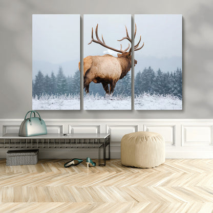 85177251-MGV-CV-48X32-3P-Elk Wall Art – Majestic Wildlife Canvas Print of Bull Elk Snowy Forest, Rustic Nature Decor for Living Room, Cabin, or Office