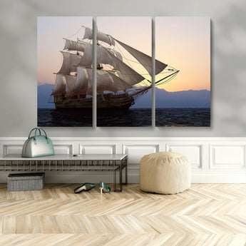 31270610-MGV-CV-48X32-3P-Sailing Ship Wall Art – Sunset Seascape Canvas Print with Tall Ship at Sea, Nautical Ocean Decor for Living Room, Office, or
