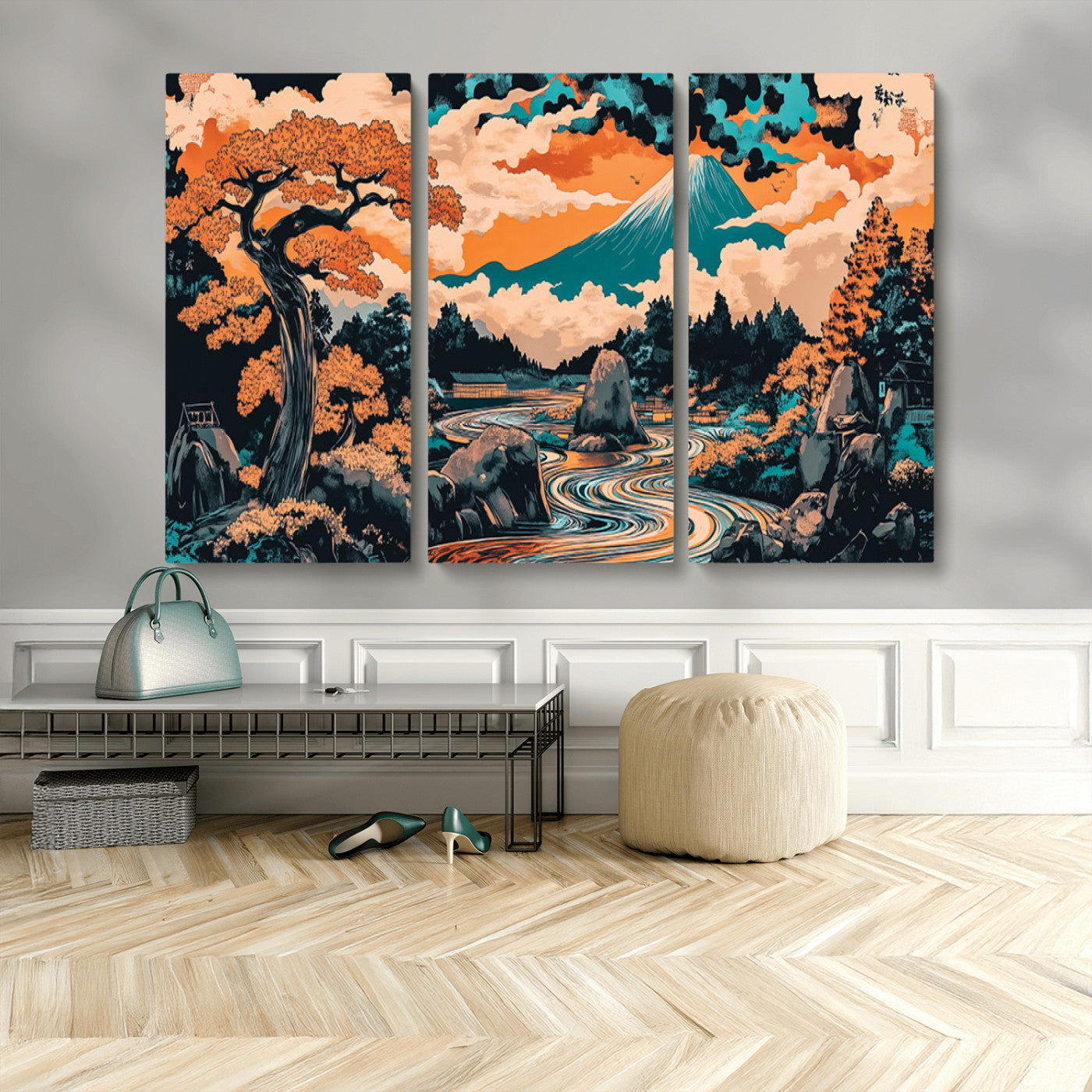 21638941-MGV-CV-48X32-3P-Japanese Landscape Wall Art – Mount Fuji and Flowing River Ukiyo-e Style Canvas Print, Traditional Japan Inspired Artwork for