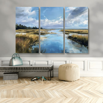 87082041-MGV-CV-36X24-Painted Marshland Canvas Wall Art – Serene Water Reflection, Blue Sky, Golden Grass Landscape, Calm Nature Decor for Home, Office,