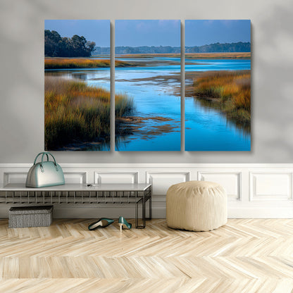 26300004-MGV-CV-48X32-3P-Marshland Landscape Wall Art – Scenic Nature Canvas Print with Golden Grass and Blue Water, Peaceful River Photography for Living