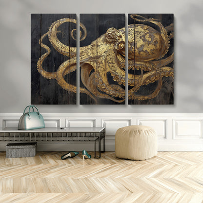 47056538-MGV-CV-36X24-Octopus Canvas Wall Art – Gold Detail, Wooden Texture, Marine Life, Ocean Creature Tentacles, Nautical Coastal Rustic Decor for