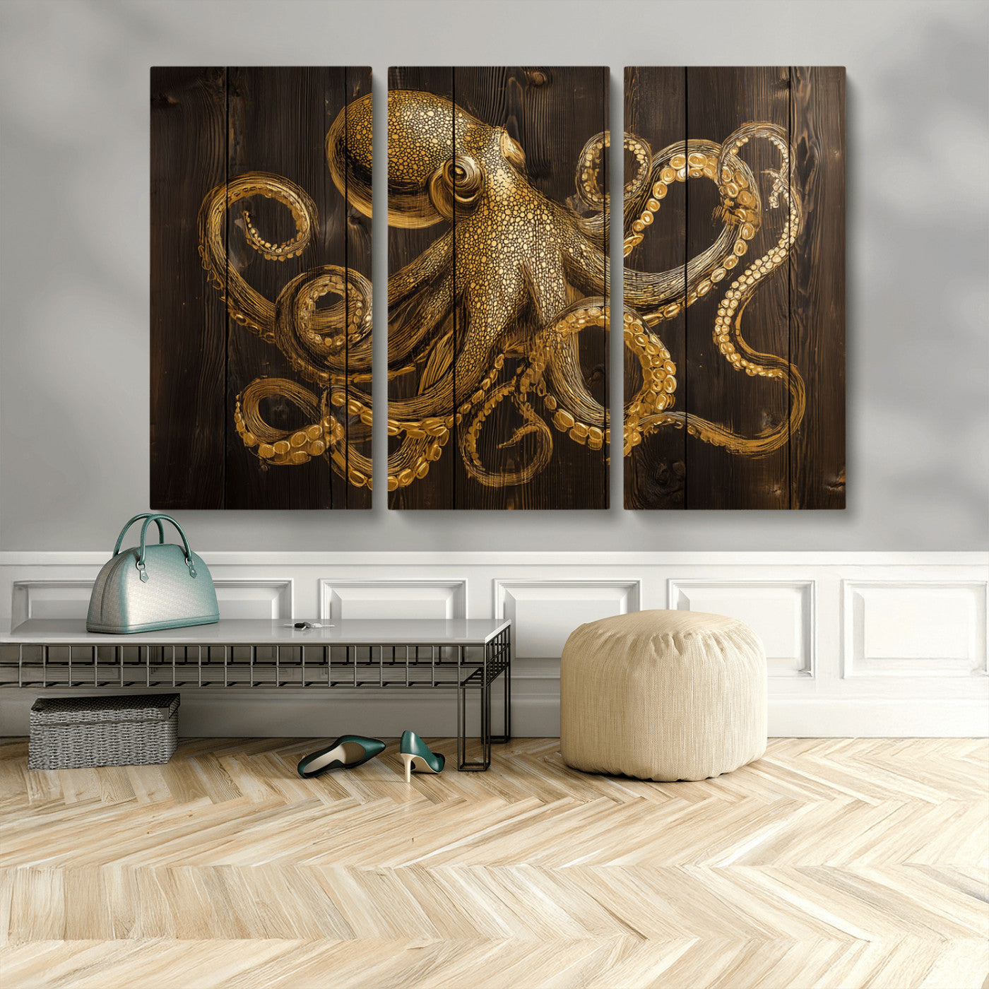 56769669-MGV-CV-48X32-3P-Octopus Wall Art – Gold Nautical Canvas Print with Rustic Wood Panel Design, Detailed Marine Artwork for Coastal Ocean Decoration