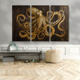 56769669-MGV-CV-48X32-3P-Octopus Wall Art – Gold Nautical Canvas Print with Rustic Wood Panel Design, Detailed Marine Artwork for Coastal Ocean Decoration