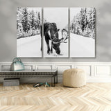 38956835-MGV-CV-36X24-Moose Winter Snowy Forest Canvas Wall Art – Wildlife Nature, Antlers in Frozen Landscape, Quiet Path, Cold Season Outdoors Print