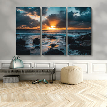 66040852-MGV-CV-36X24-Ocean Sunset Canvas Wall Art – Rocky Shore Waves, Dramatic Clouds, Golden Sun Rays, Coastal Nature, Serene Water Reflection for