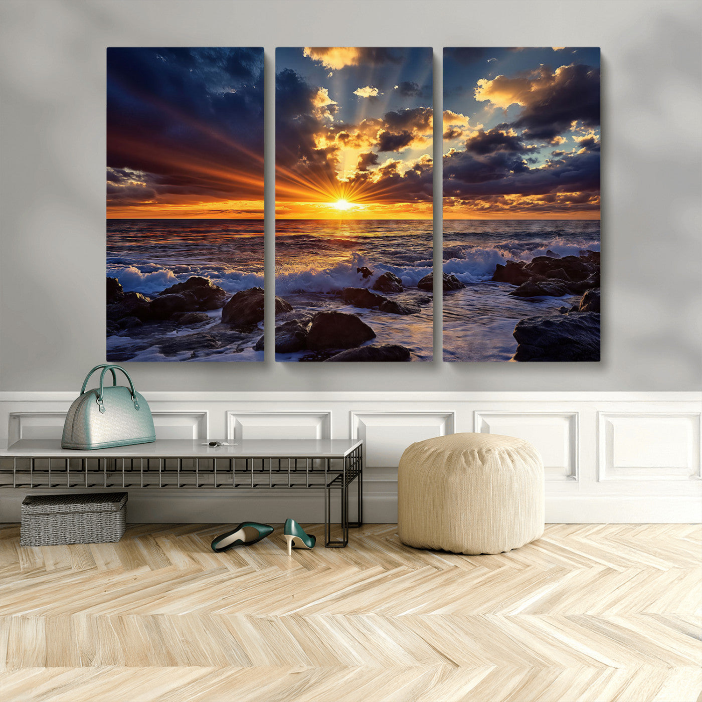 35900590-MGV-CV-48X32-3P-Ocean Sunset Wall Art – Vivid Seascape Canvas Print with Sunburst Sky, Crashing Waves and Rocky Shore, Dramatic Coastal