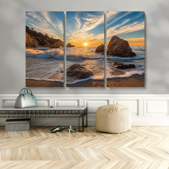 85659923-MGV-CV-48X32-3P-Ocean Sunset Wall Art – Dramatic Seascape Canvas Print with Cliffs, Crashing Waves and Golden Sky, Bold Coastal Photography for