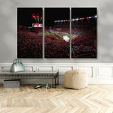 60690191-MGV-CV-48X32-3P-Stadium Wall Art – Night Game Football Canvas Print with Fireworks, Marching Band and Crowd, Panoramic Sports Photography for Man
