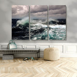 38622353-MGV-CV-48X32-3P-Ocean Wave Wall Art – Dramatic Seascape Canvas Print with Stormy Sky and Crashing Sea, Bold Coastal Photography for Living Room,