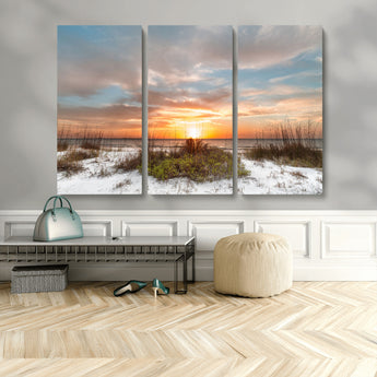58266230-MGV-CV-48X32-3P-Beach Sunset Wall Art – Coastal Canvas Print with Sandy Dunes, Sea Grass and Golden Sky, Serene Ocean Landscape Photography for