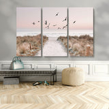 34632598-MGV-CV-36X24-Coastal Pathway Canvas Wall Art – Framed Seaside Landscape, Large Beach and Birds Canvas Print for Home, Office, or Living Room